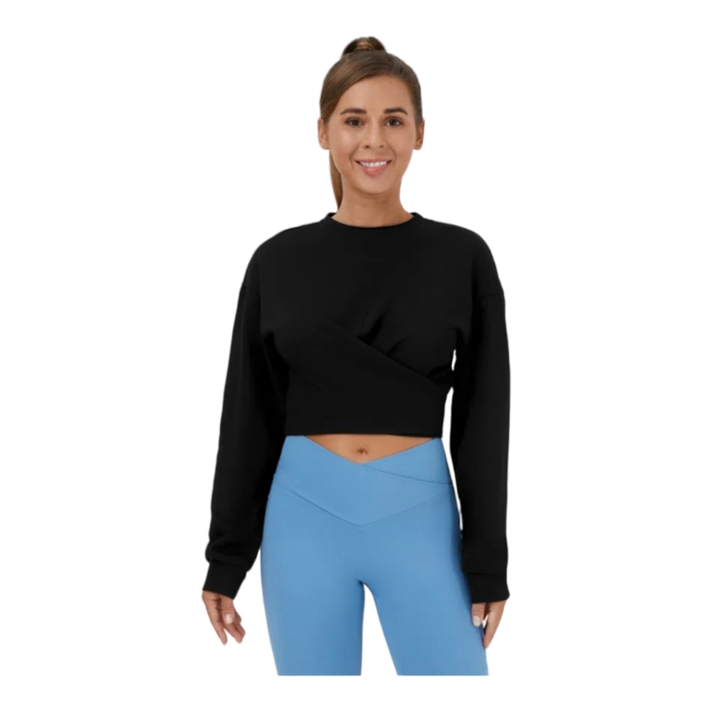New W/out Tags Halara Dropped Shoulder Lace Up Cropped Black Sports Sweatshirt